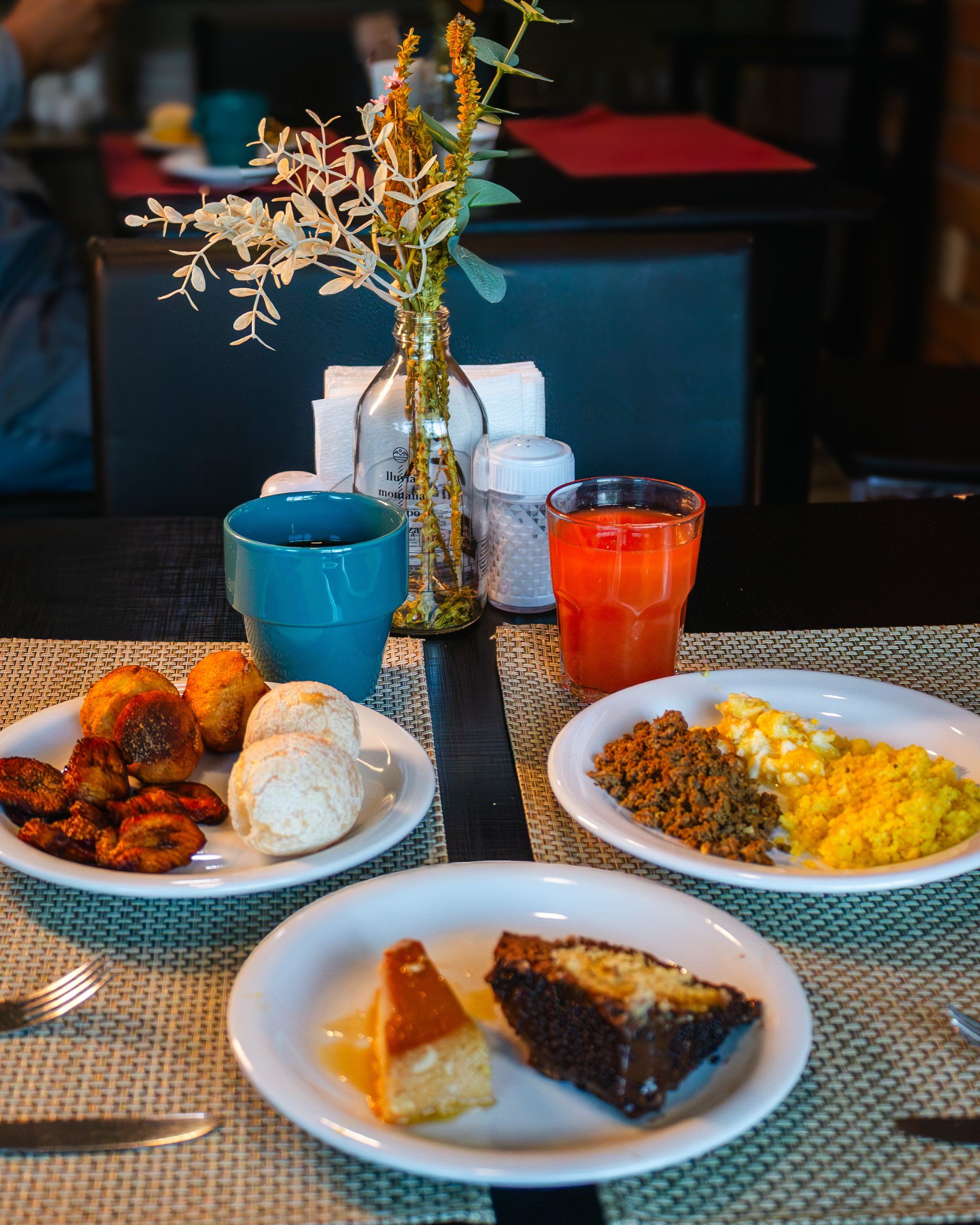 Breakfast dishes served at a breakfast table