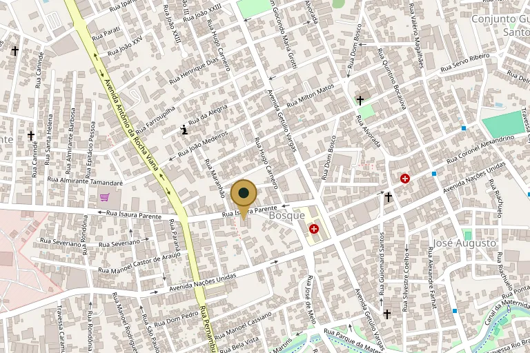 Map of the Bosque neighborhood in Rio Branco, with Amazônia Palace Hotel marked on Rua Isaura Parente